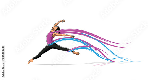 Athlete Leaping with Graceful Pink and Blue Ribbon Trails Illustration on White Background