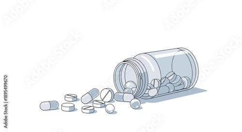 Glass Pill Bottle Tipped Over with Various White and Grey Tablets and Capsules Spilled