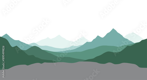 Minimalist Landscape Illustration of Layered Green Mountains Under a White Sky