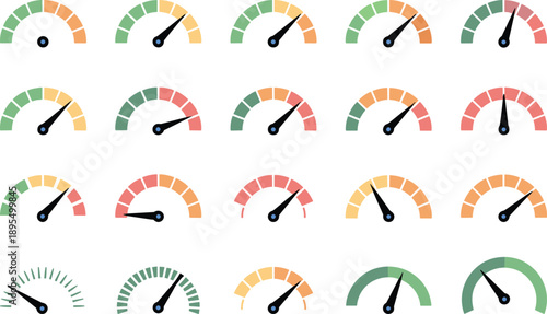 Vector set of colorful gauge meters with needles indicating performance levels, credit score ratings, speed indicators, and dashboard icons for measurement
