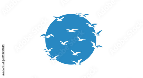 White Seagulls Flying in a Circle Around a Large Blue Sun or Moon Illustration