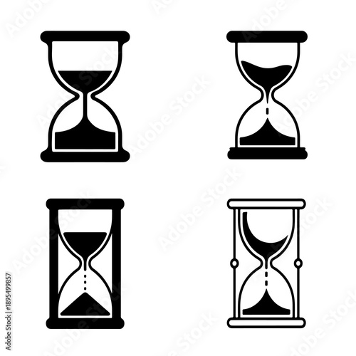 A set of four black-and-white hourglass illustrations, each showcasing a unique artistic frame and sand flow.