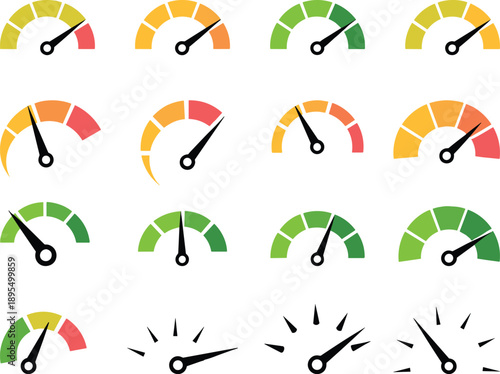 Vector set of colorful gauge meters with needles indicating performance levels, including speed indicators, credit score ratings, and dashboard measurement icons