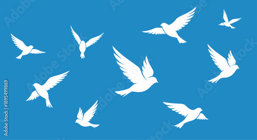 White Pigeons or Doves Flying Across a Bright Blue Background Illustration