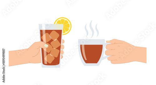 Hands Holding Iced Tea with Lemon and Hot Coffee with Steam Illustration