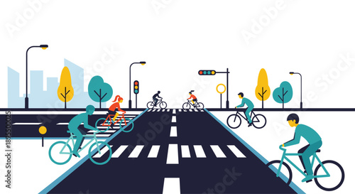 Busy City Street Illustration with Multiple Bicyclists Traffic Lights and Buildings