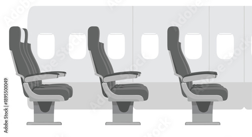 Side View of Three Rows of Grey Airplane Seats Next to Cabin Windows Illustration