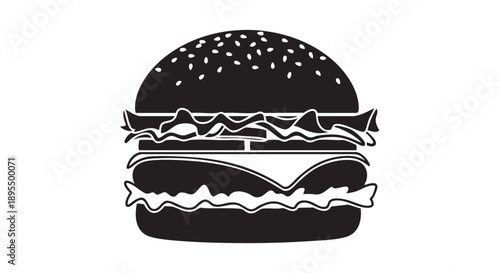 Minimalist Burger Icon Vector, Black and White Cheeseburger Silhouette