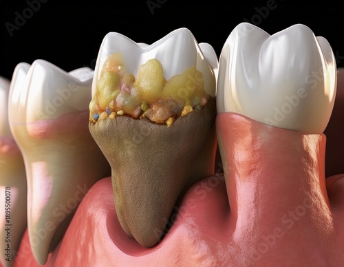 dental calculus tartar plaque buildup on molar teeth with detailed gums 3d rendering close up