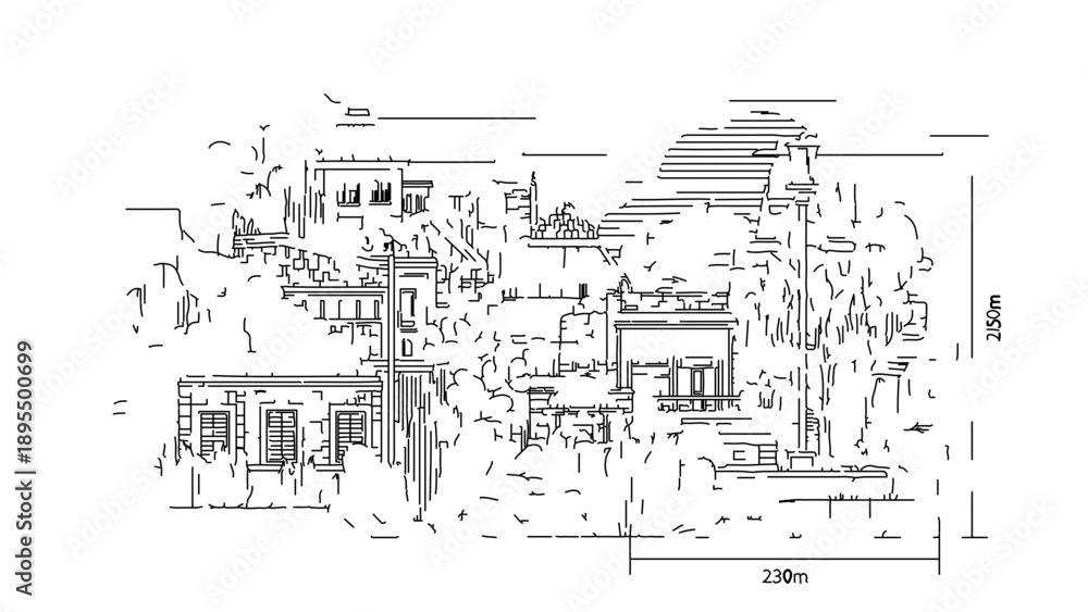 Obraz premium A detailed line art illustration of a cityscape with buildings and trees in a minimalist style