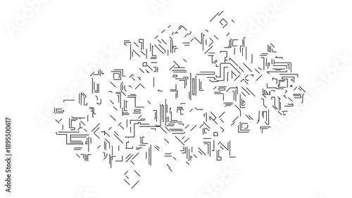 A minimalist vector graphic illustration of a cloud made up of various tiny office and technology icons on a white background