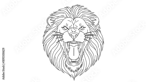A fierce lion's head in a bold, black and white line art illustration style