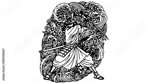 A black and white illustration of a samurai warrior in a dynamic pose with a sword