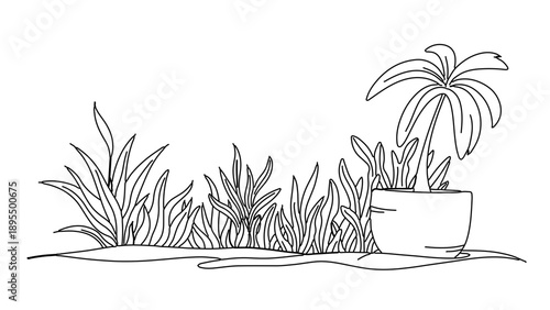 A minimalist line art illustration of a potted palm tree surrounded by lush greenery