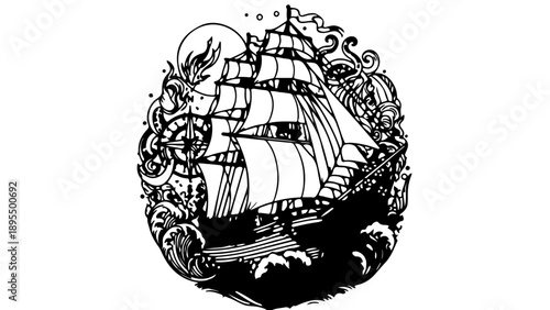 A vintage sailing ship illustration with ornate floral designs and swirling patterns in a circular frame