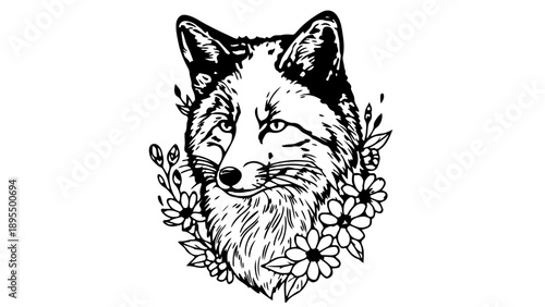 A black and white vector illustration of a fox's head surrounded by flowers and leaves