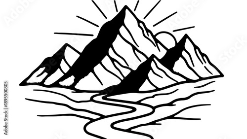A minimalist vector graphic illustration of a mountain range with a river and sun