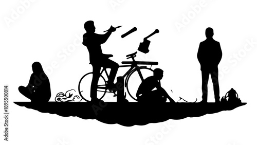 A black silhouette illustration of people engaging in various activities with a bicycle