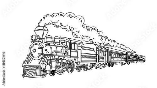 A vintage steam train illustration with smoke coming out of the chimney