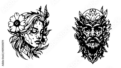 A minimalist vector graphic illustration of a woman and a man with floral designs