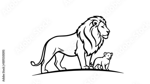 A minimalist vector illustration of a lion and lion cub in a simple line art style
