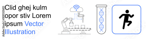 Biotechnology, automation, health tracking, genetics, technology evolution, workout monitoring. Robotic arm with conveyor, DNA helix wireless signal and running icon. Biotechnology and automation