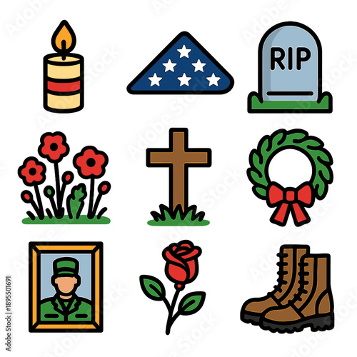 Memorial symbols collection: candle, flag, and tribute icons for remembrance