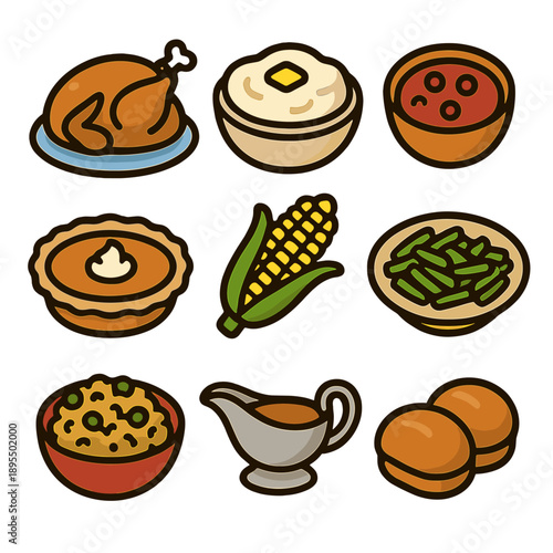 Thanksgiving feast icon set featuring turkey, sides, and desserts