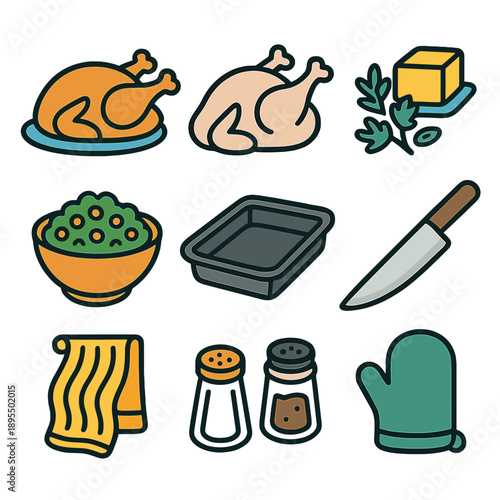 Thanksgiving feast: turkey, herbs, vegetables, cookware, and kitchen essentials