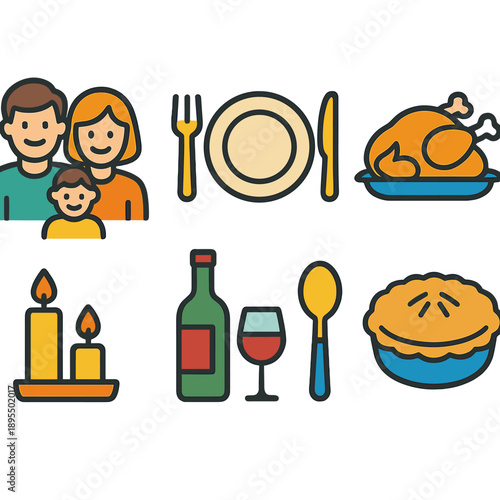 Family dinner icons: thanksgiving feast with food and drinks