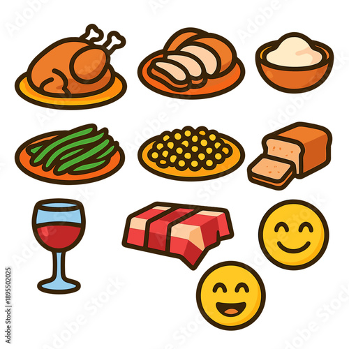 Thanksgiving dinner icons: turkey, sides, and dessert with smiley faces