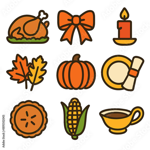 Thanksgiving icon set featuring turkey, pumpkin, candle, and autumn elements