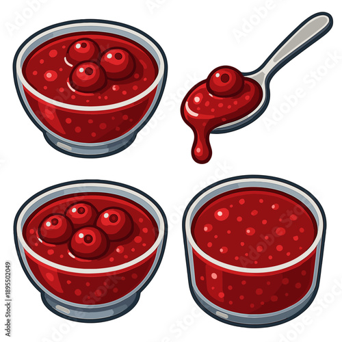 Cartoon set of berry jams in bowls and spoon