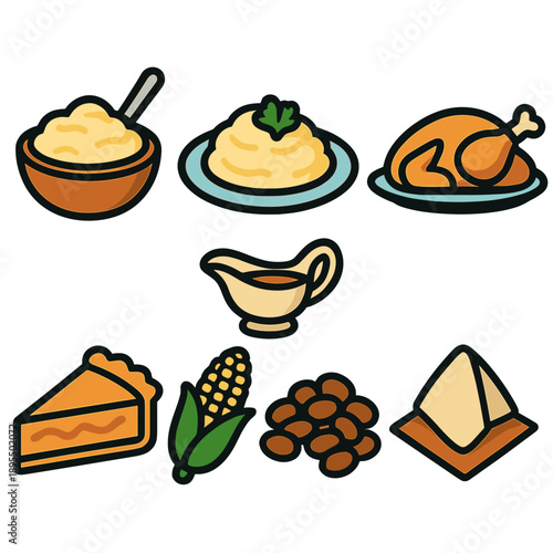 Thanksgiving feast icons: turkey, pie, corn, gravy, mashed potatoes, and more