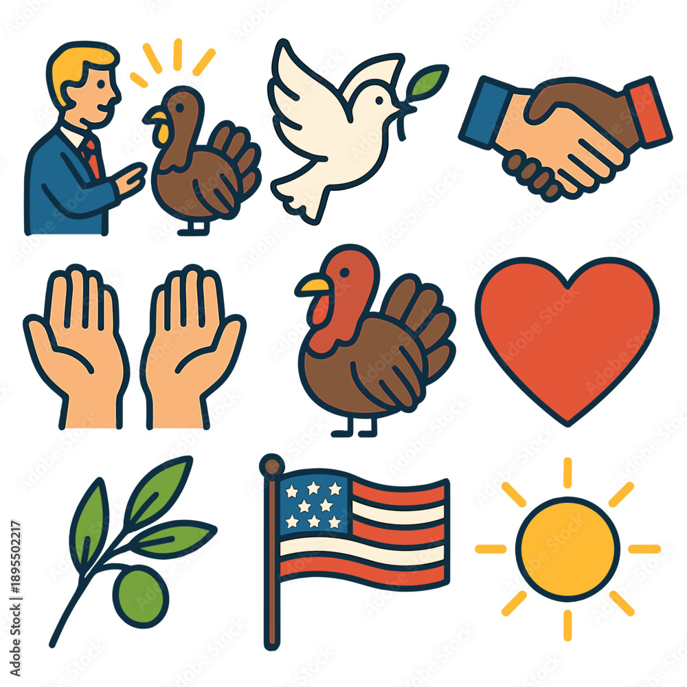 Fototapeta premium Peaceful thanksgiving symbols with turkey, dove, olive branch, and american flag