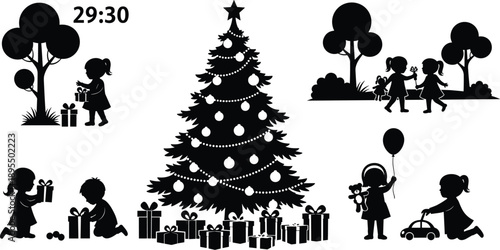 Children around Christmas tree, festive gift-giving scene, holiday celebration silhouettes, black and white seasonal illustration, joyful winter activity
