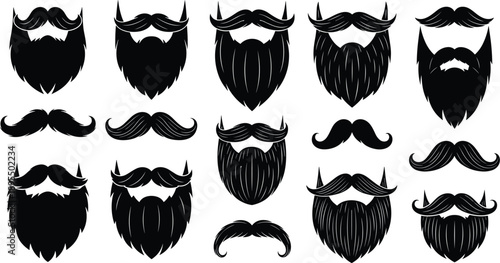 Beard and mustache icon set, facial hair silhouette collection, grooming styles, cartoon illustration, black and white design, hipster elements