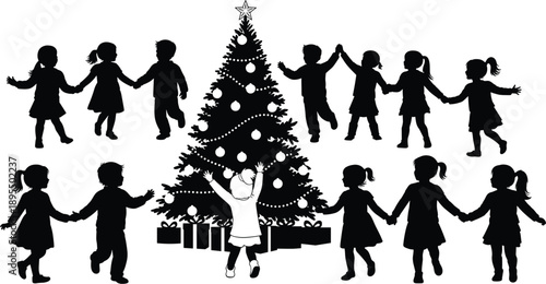Children dancing around Christmas tree, festive celebration scene, joyful holiday moment, black and white silhouette, winter gift exchange illustration