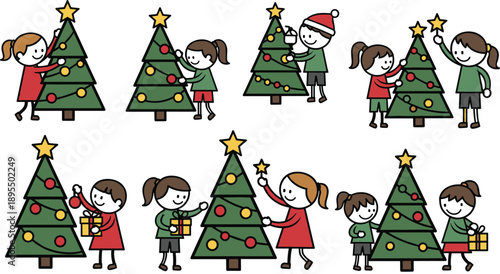 Children decorating Christmas tree, cartoon holiday scene, festive kids, ornaments, presents, cheerful activity, winter celebration, joyful illustration, red outfits