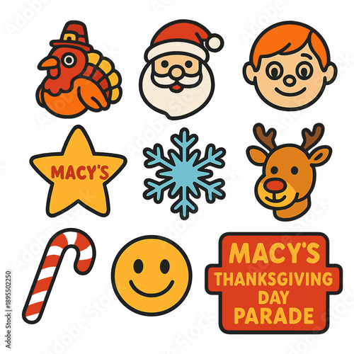 Colorful icons celebrating macy's thanksgiving day parade and festive holidays