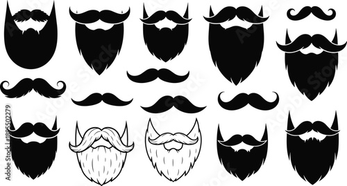 Beard and mustache icon set, facial hair styles, cartoon silhouette collection, grooming elements, black and white illustration, hipster design