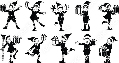 Christmas elf illustration, festive costume, gift holding, joyful poses, holiday character, black and white, cartoon style, seasonal celebration, whimsical design