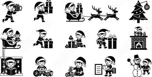 Christmas elf illustrations, festive cartoon scenes, gift giving, sleigh riding, decorating, joyful holiday moments, black and white silhouette set