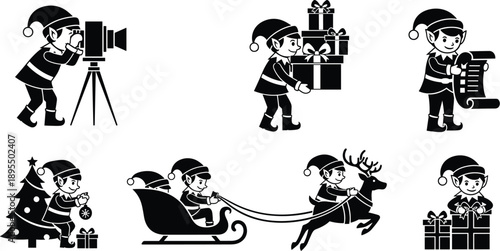 Christmas elf silhouette, festive cartoon scenes, gift carrying, tree decorating, sleigh riding, joyful holiday moment, black and white illustration