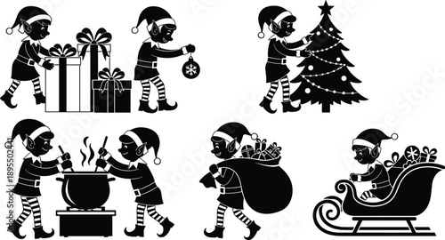 Christmas elves in festive scenes, gift carrying, tree decorating, sleigh riding, cooking, joyful holiday moments, black and white silhouette illustration