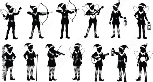 Christmas elves silhouettes, festive characters, musical instruments, holiday celebration, fairy elves, lantern holding, violin playing, guitar strumming, tambourine dancing, bow shooting