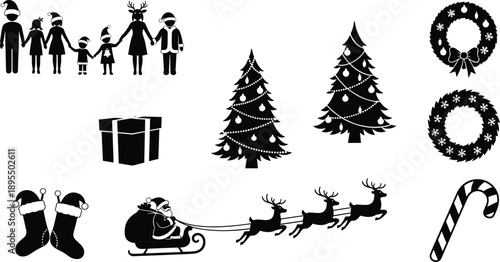 Christmas silhouettes, family celebration, Santa sleigh, reindeer flying, Christmas tree, stockings, candy cane, wreath, festive icons, holiday season, winter tradition