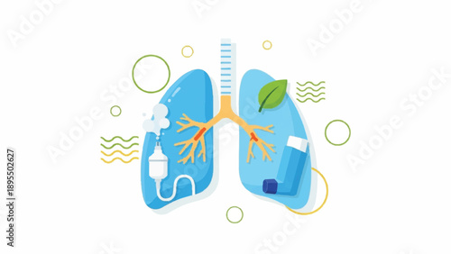 Illustrated human lungs with bronchi and alveoli shown in blue and green with a medical science theme.
