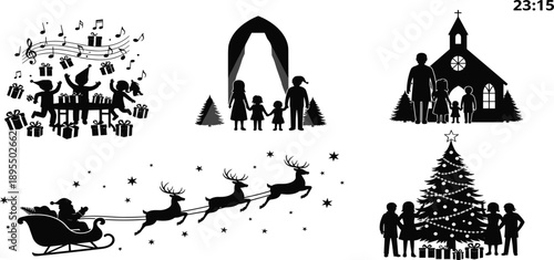 Christmas silhouettes, family celebration, Santa sleigh, reindeer flying, church service, carol singers, children tree, festive holiday, winter season, traditional celebration