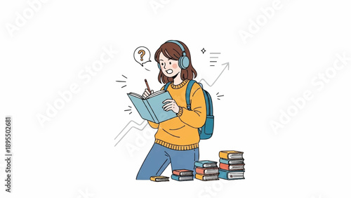 Young student reading a book with a backpack and stack of textbooks beside a sunny classroom scene.